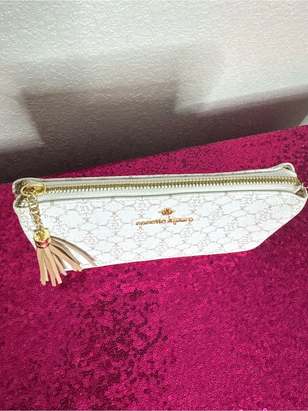 NANETTE LEPORE ⚜️ Cream & Tan Logo Monogrammed Tassel Clutch Purse - Like New